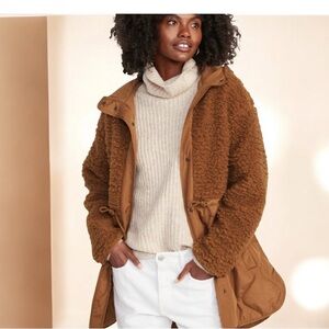 🤎Old Navy Women's Brown Long Sleeve Hooded Sherpa Quilted Hybrid Coat - NWT
